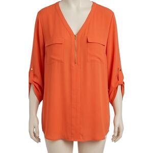 Cato Women's Plus Size 26W/28W Orange V-Neck Zip Accent Roll Tab Top